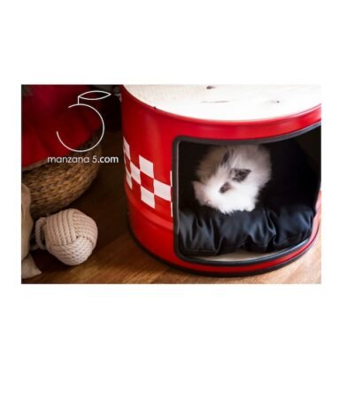 Lit pour chien en baril métal recyclé style industriel avec plateau en bois