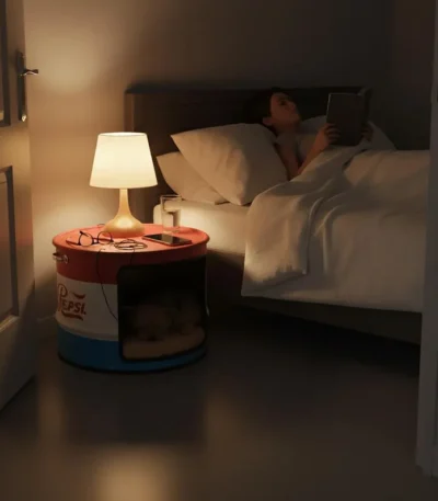 Lit grotte chien en baril métal recyclé Pepsi-Cola vintage