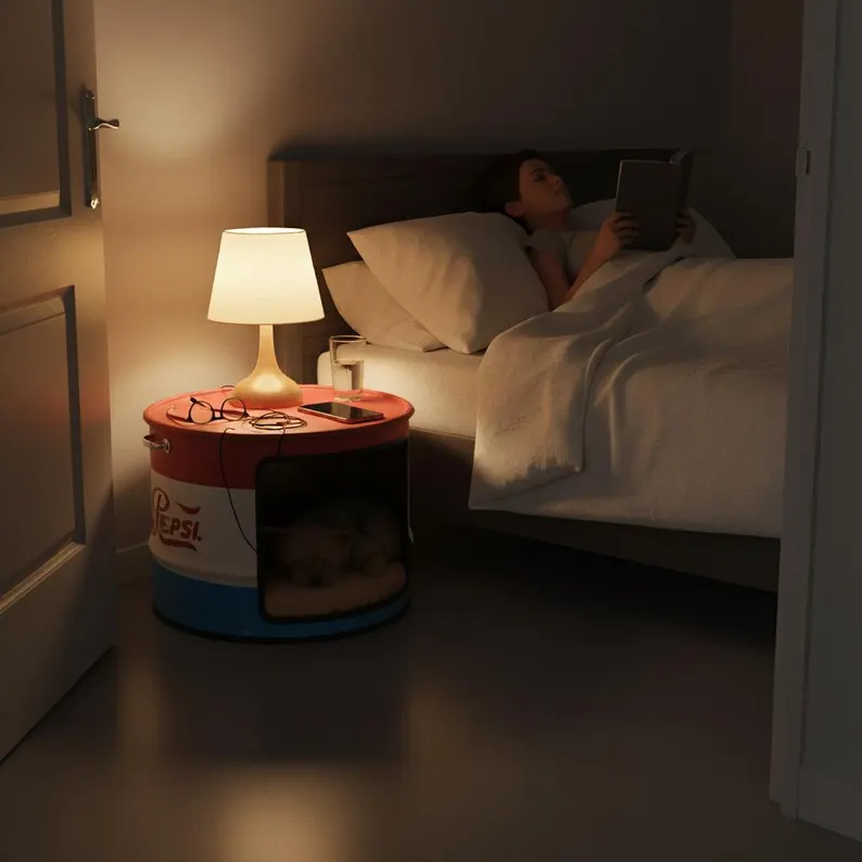 Lit grotte chien en baril métal recyclé Pepsi-Cola vintage