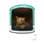 Meuble upcyclé industriel pour chien avec plateau en bois de pin