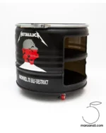 Table basse industrielle sur roulettes en baril métal recyclé 200L – Modèle Metallica sur mesure – Image 2