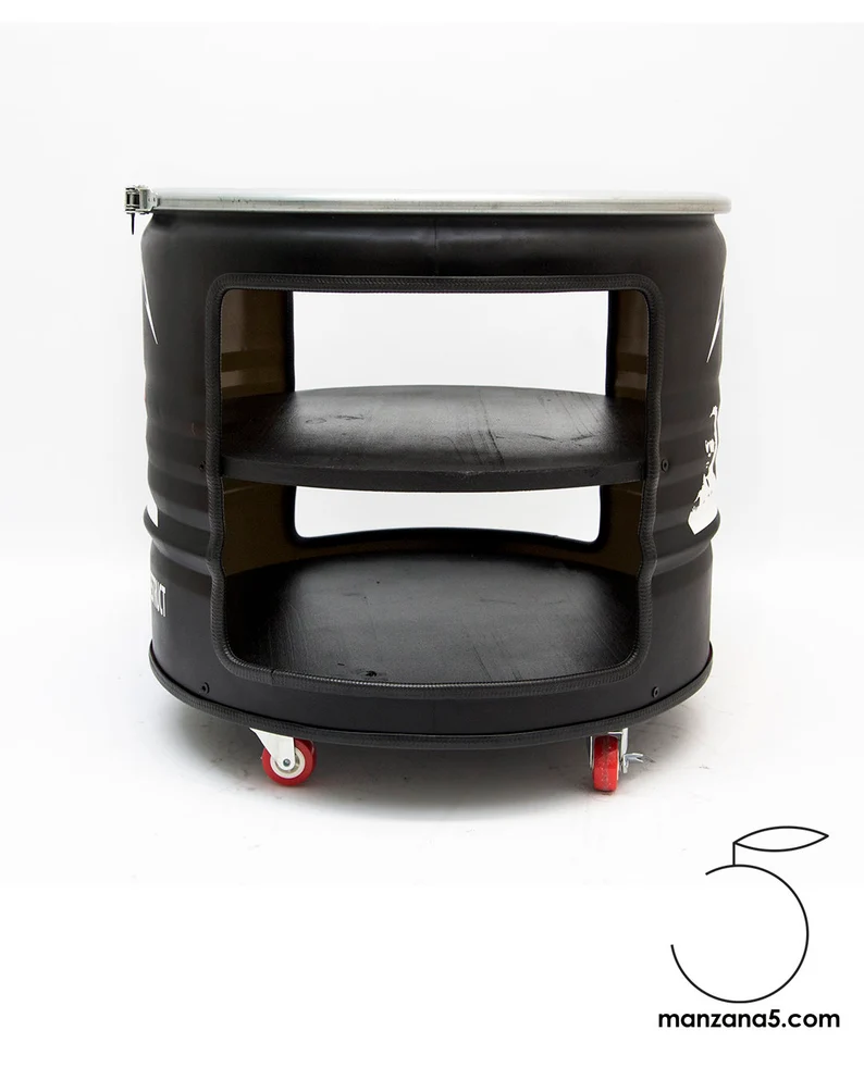 Table basse industrielle en baril métal recyclé avec roulettes