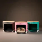 Table de chevet industrielle en tonneau métal recyclé avec abri pour chat