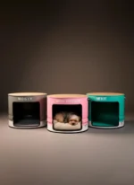 Table de chevet industrielle en tonneau métal recyclé avec abri pour chat