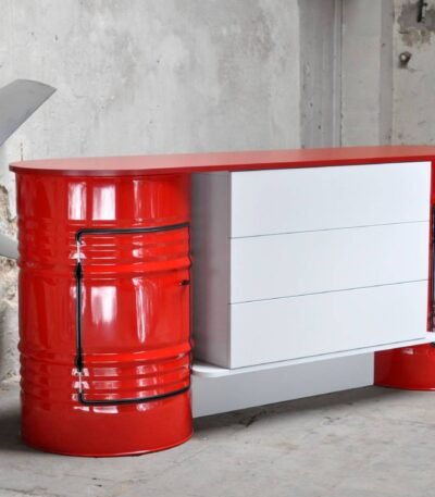 Comptoir bar en tonneau métal upcyclé avec finition bois